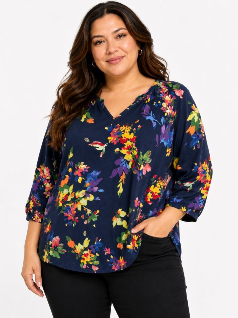 NEW D&Co. Denim & Co. Floral Knit Tunic Top Navy Watercolor XL QVC